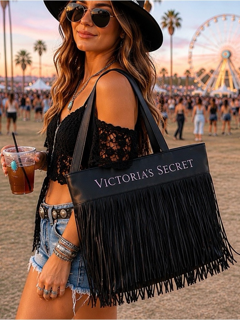 Victoria’s Secret Black Fringe Tote Bag Boho Tassel Shoulder Purse